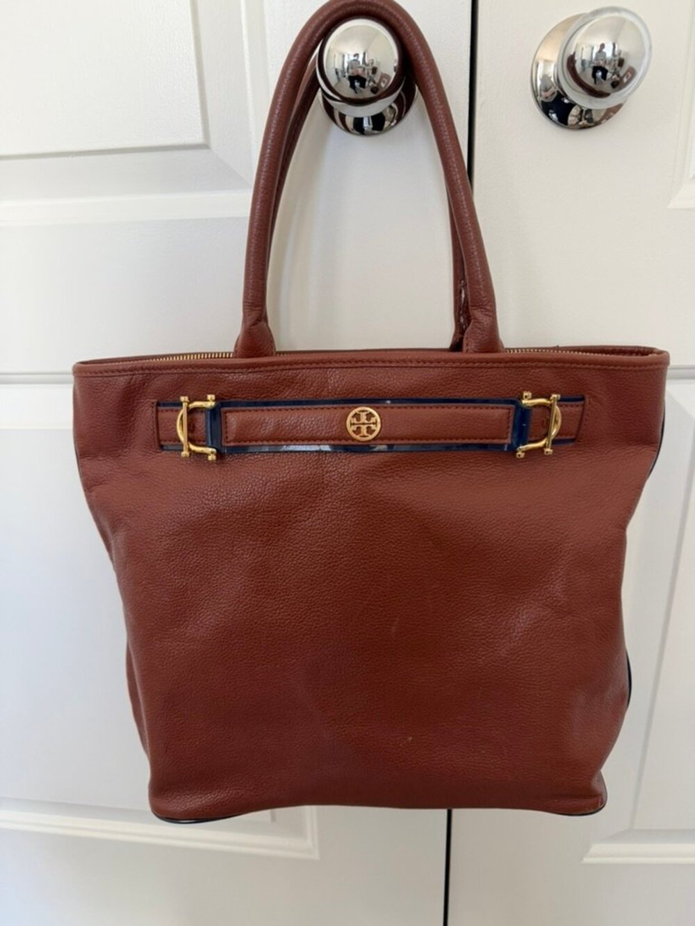 Tory Burch Horsebit Jaden Leather Tote – Brown with Blue Piping  +  Dust Bag